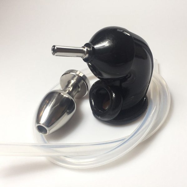 Silicone Chastity Device With Anal Plug Urine Tube , Black