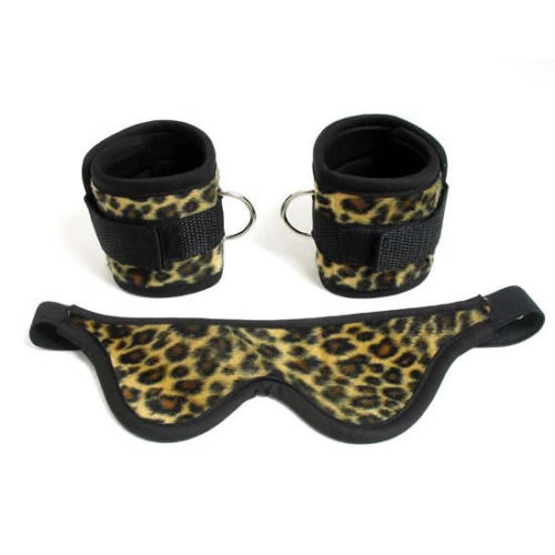 Leopard Print D-Ring Wrist/Ankle Restraints Fetish Blindfold Bondage Kit