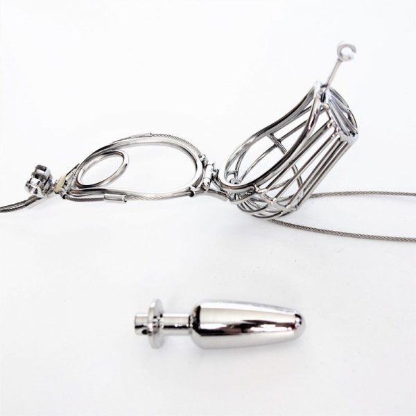 Male Chastity Belt With Steel Jail Pod And Removeable Butt Plug