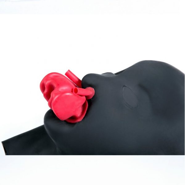 Latex Bondage Hood With internal Breathe Control Nasal Straws And MouthPiece