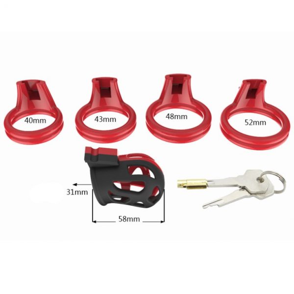 Polycarbonate Chastity Device With 5 Size Backrings Included, Red And Black