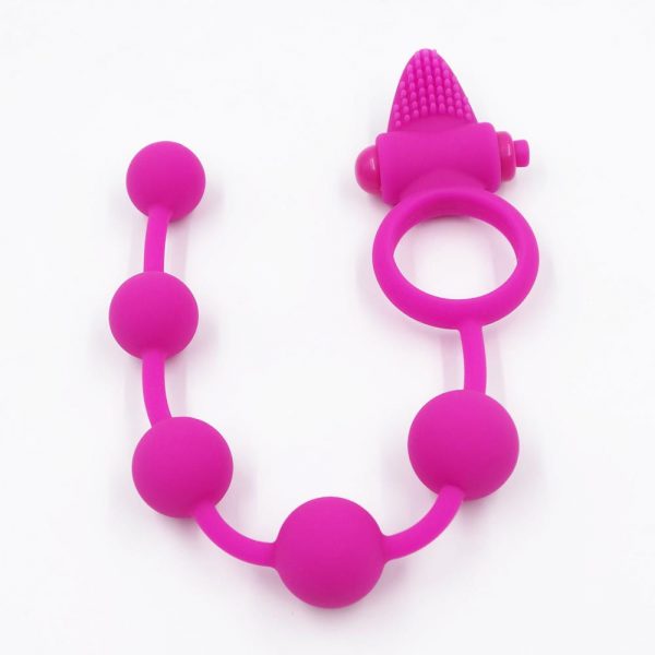 Pink Anal Beads With Cock Ring & Clitoris Stimulator
