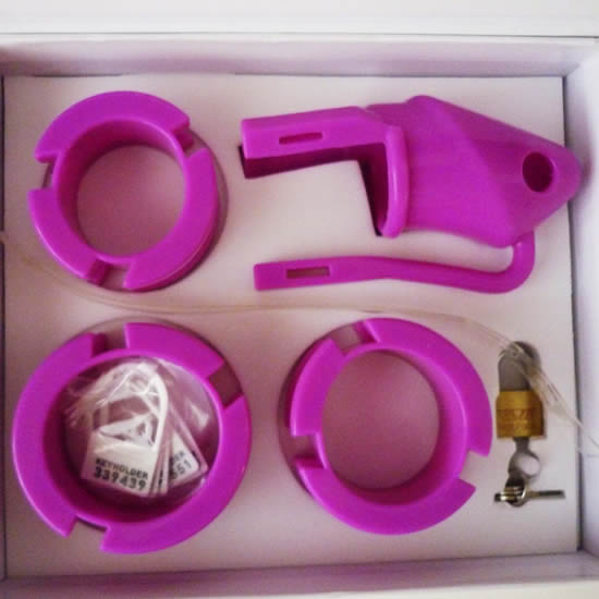 Purple Silicone Chastity Device With 3 Size Back Rings