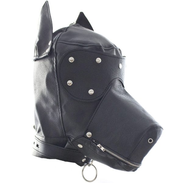 Black PU Leather Dog Hood With Muzzle And Ears