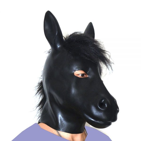 Black Latex Full Horse Head Hood