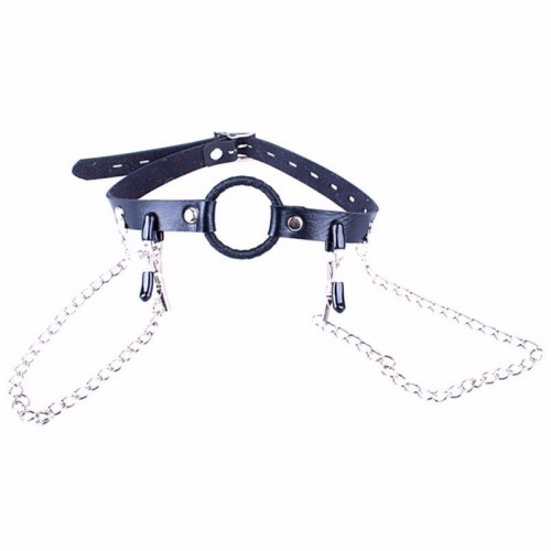 O Ring Mouth Gag With Chain Nipple Clamps