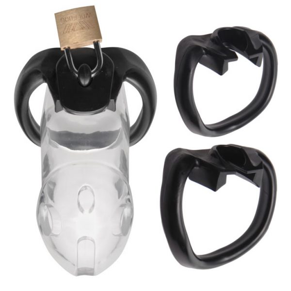 Clear Male Chastity Device With New Style Back Ring (3 Ring Sizes Included)