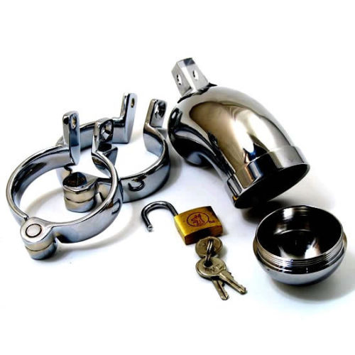 Steel Chastity Device, 2 Ring Sizes, Removable End Cap