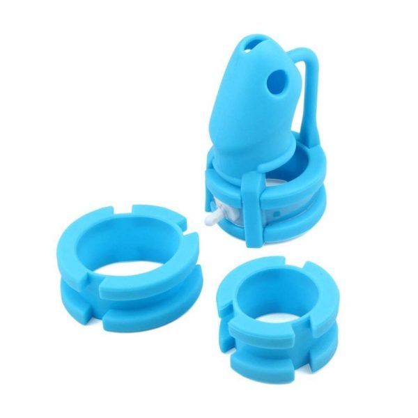 Blue Silicone Chastity Device With 3 Size Back Rings
