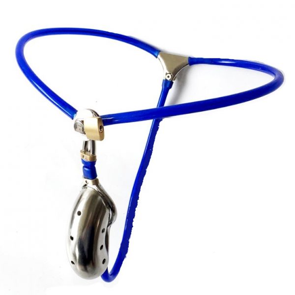 Blue Coated Steel Adjustable Chastity Belt Device With Perforated Cage